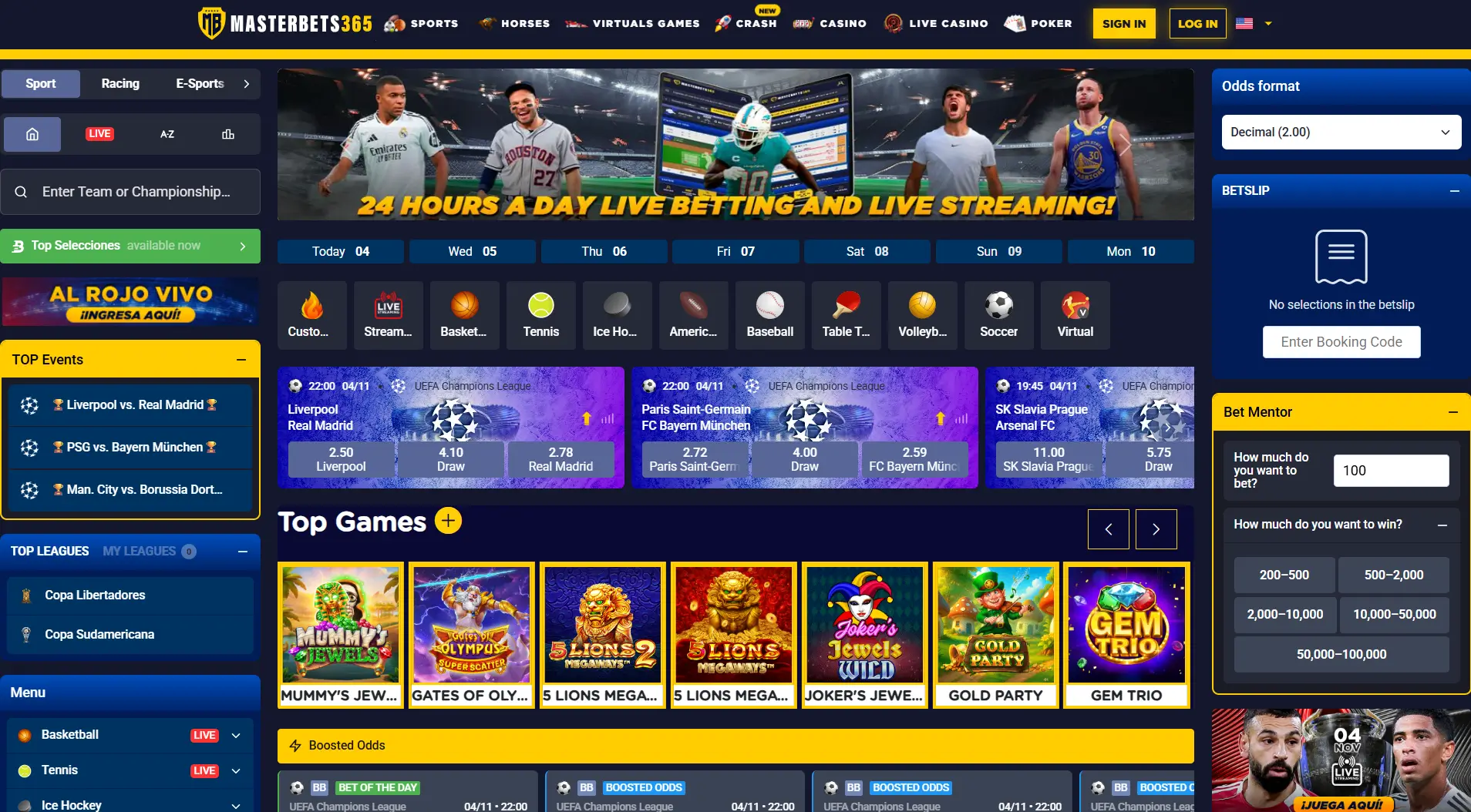 Página principal de MasterBets365 con apuestas deportivas en vivo, cuotas y juegos destacados