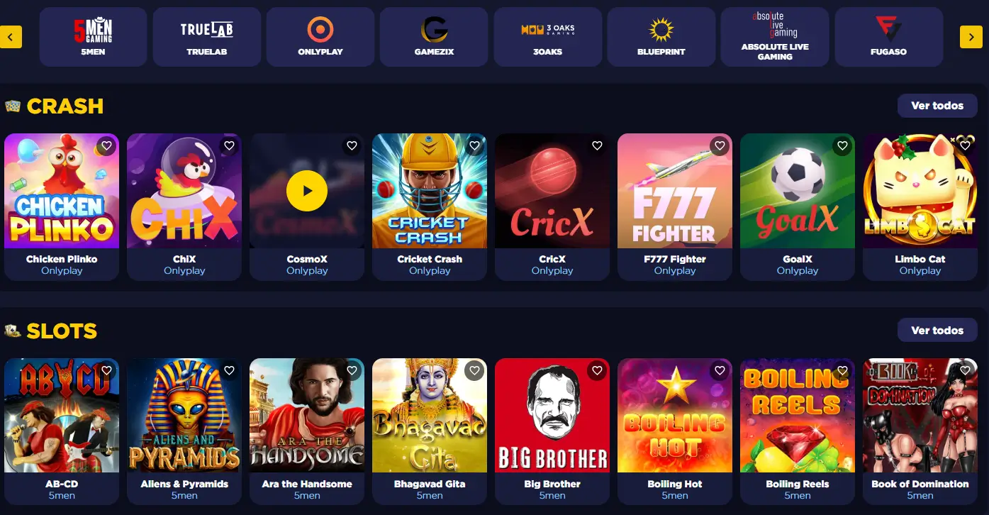 Lobby de casino de MasterBets365 con juegos crash y tragamonedas