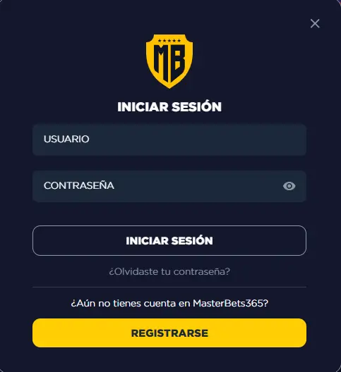 Página de inicio de sesión de MasterBets365 con formulario de usuario y contraseña